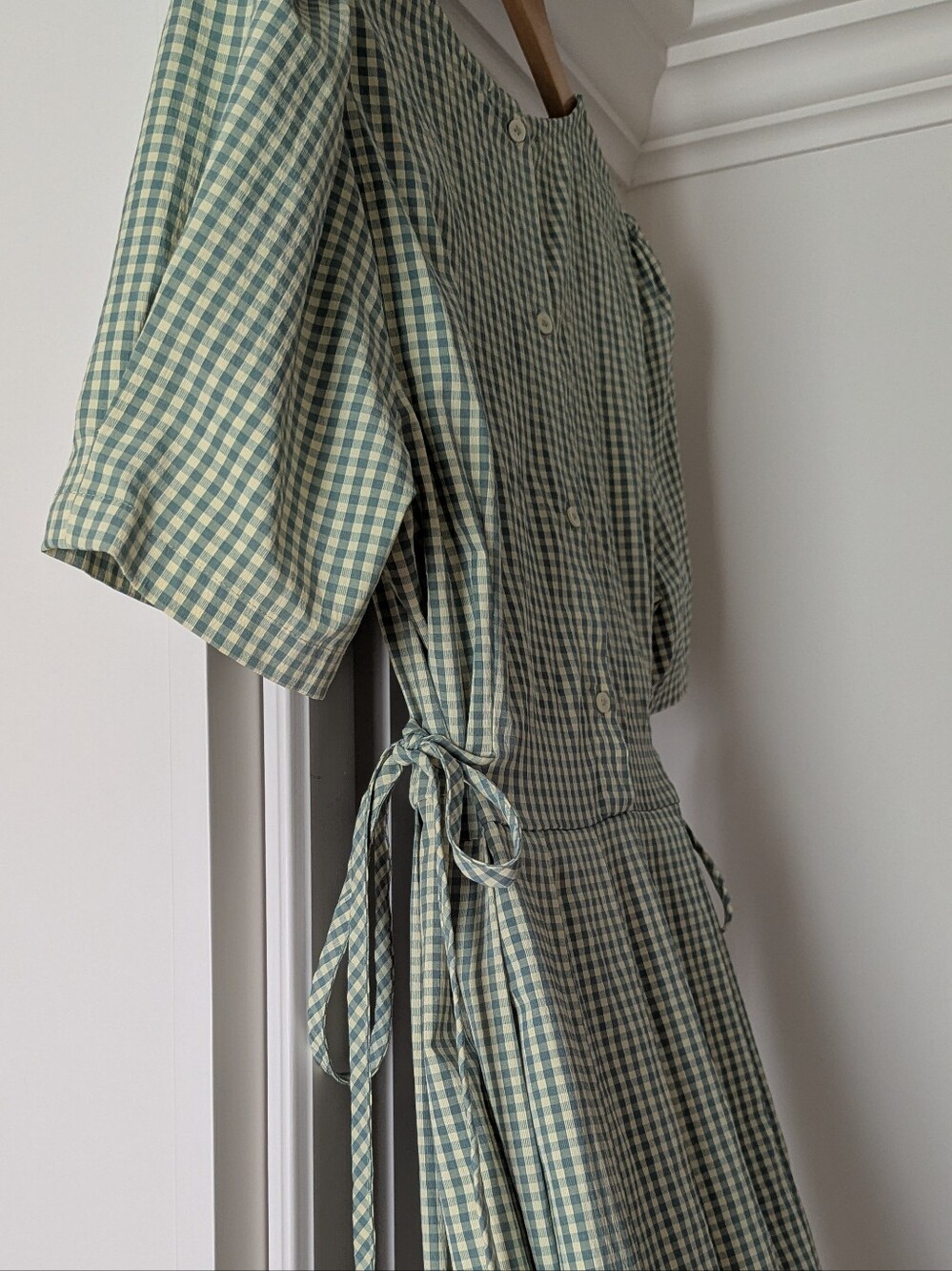 Green Gingham Midi Dress with Side Tie